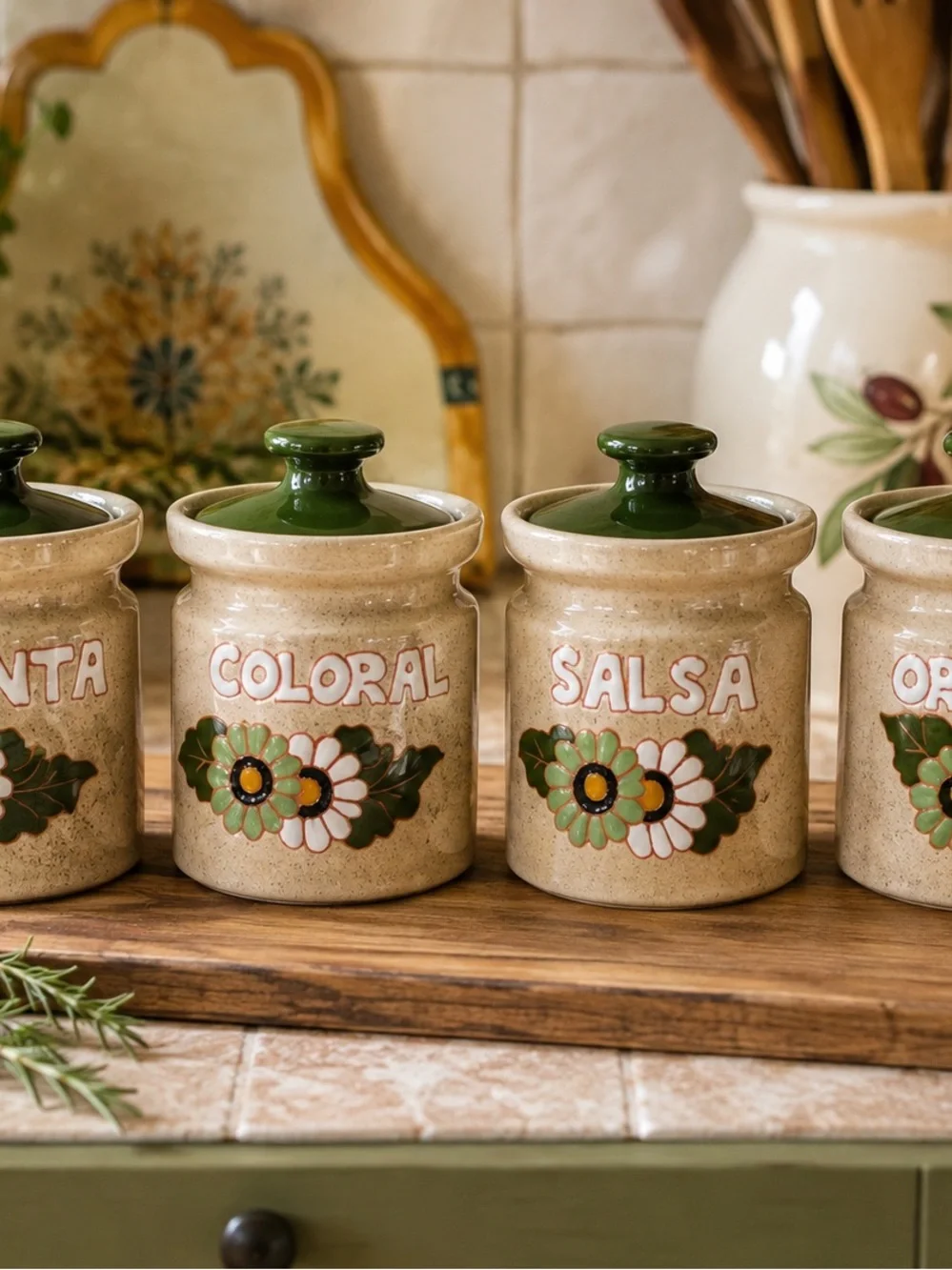 Set of 4 Vintage Ceramic Spice Jars with Green Lids